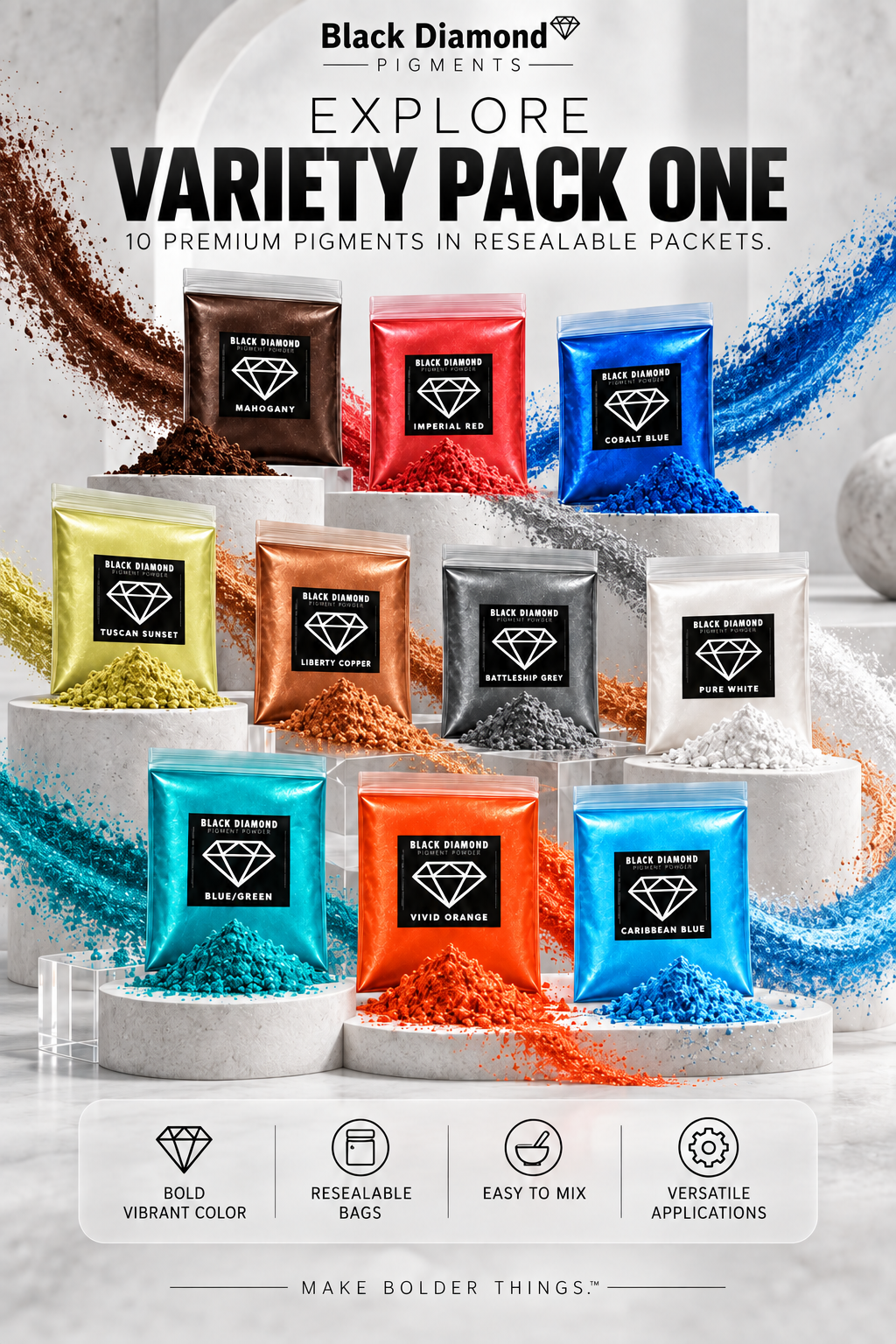 VARIETY PACK 1 (10 COLORS) powder pigment packs Black Diamond Pigments®