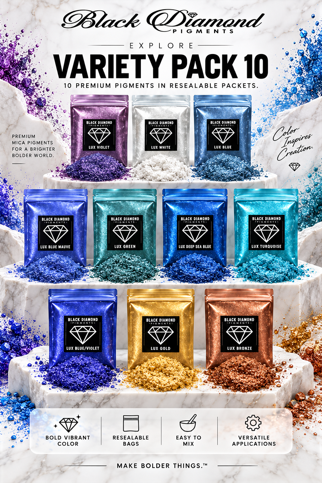 VARIETY PACK 10 (10 COLORS) powder pigment variety packs Black Diamond Pigments®