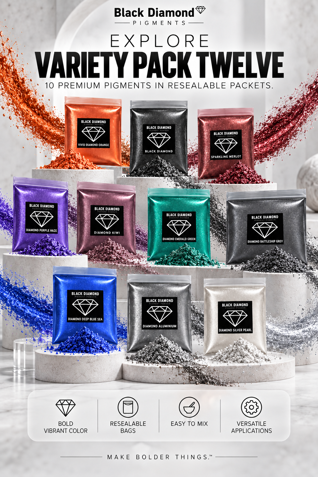 VARIETY PACK 12 (10 COLORS) powder pigment variety packs  Black Diamond Pigments®
