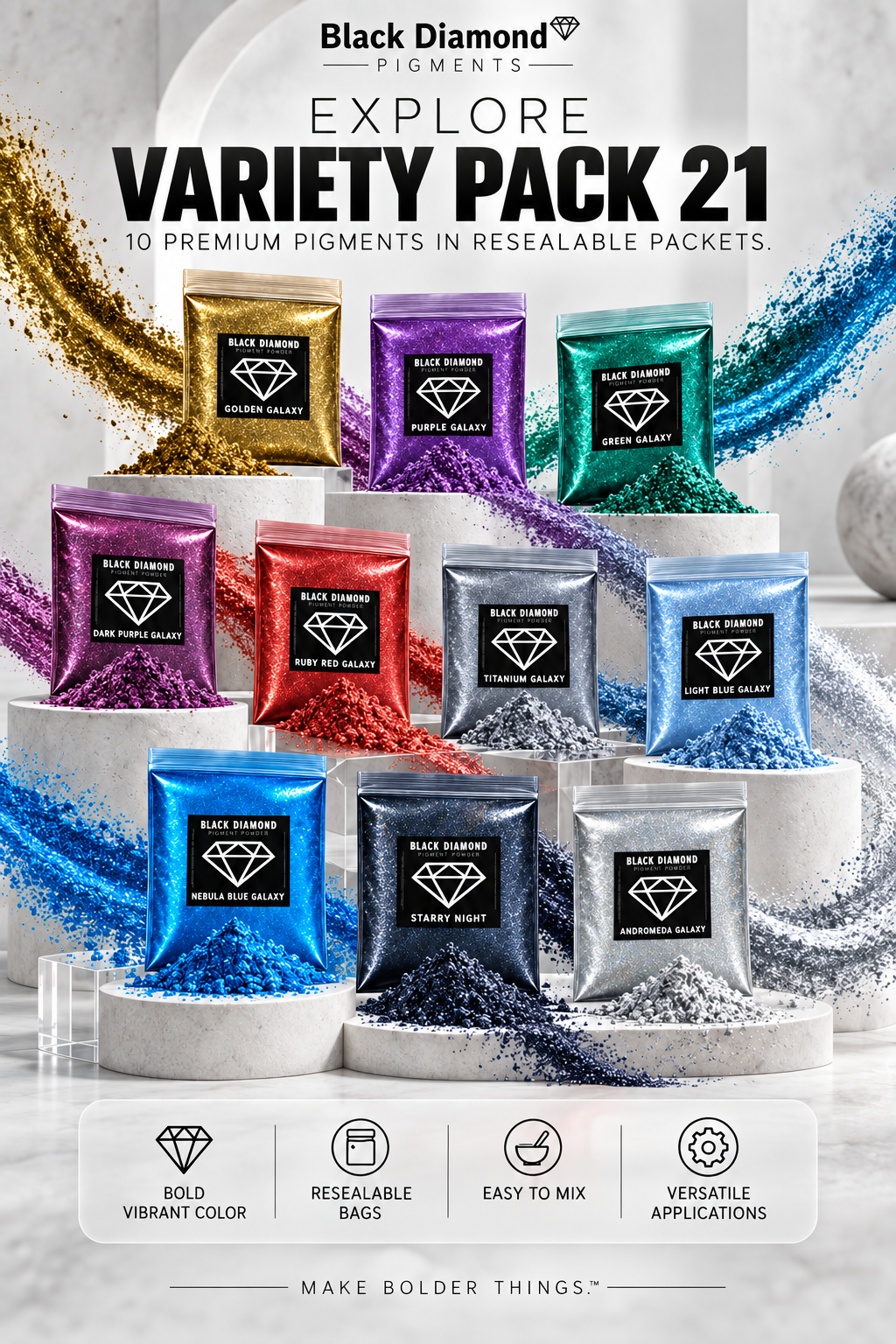 VARIETY PACK 21 (10 COLORS) Glitter variety pack by  Black Diamond Pigments®