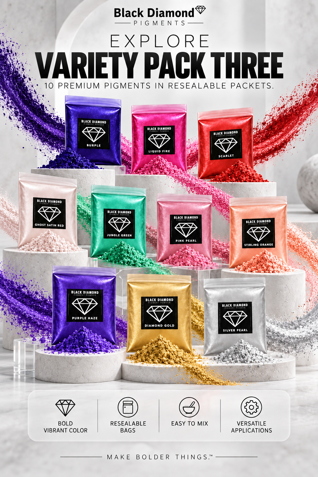 VARIETY PACK 3 (10 COLORS) powder pigment packs Black Diamond Pigments®