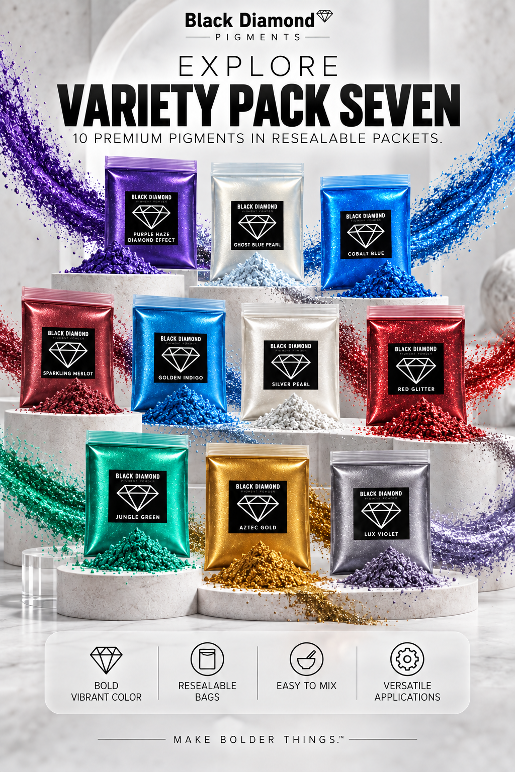 VARIETY PACK 7 (10 COLORS) powder pigment packs Black Diamond Pigments®