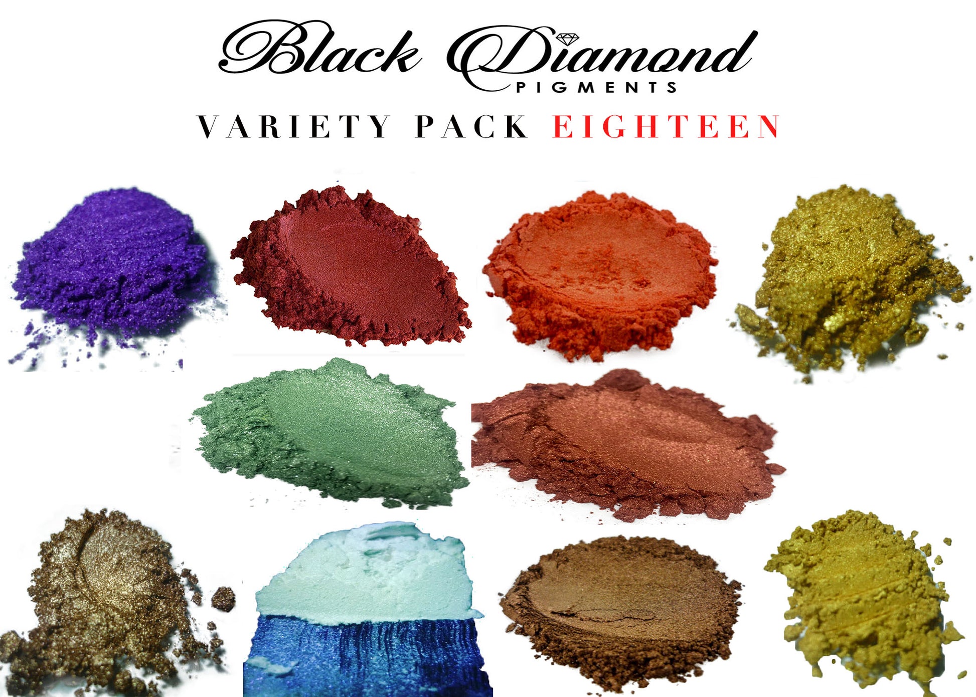 VARIETY PACK 18 (10 COLORS) mica powder pigment variety packs  Black Diamond Pigments® - Black Diamond Pigments